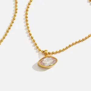 CORONÉ Marquise Bezel Ball Chain Necklace for Women Stainless Steel Hypoallergenic Tarnish-Free Waterproof