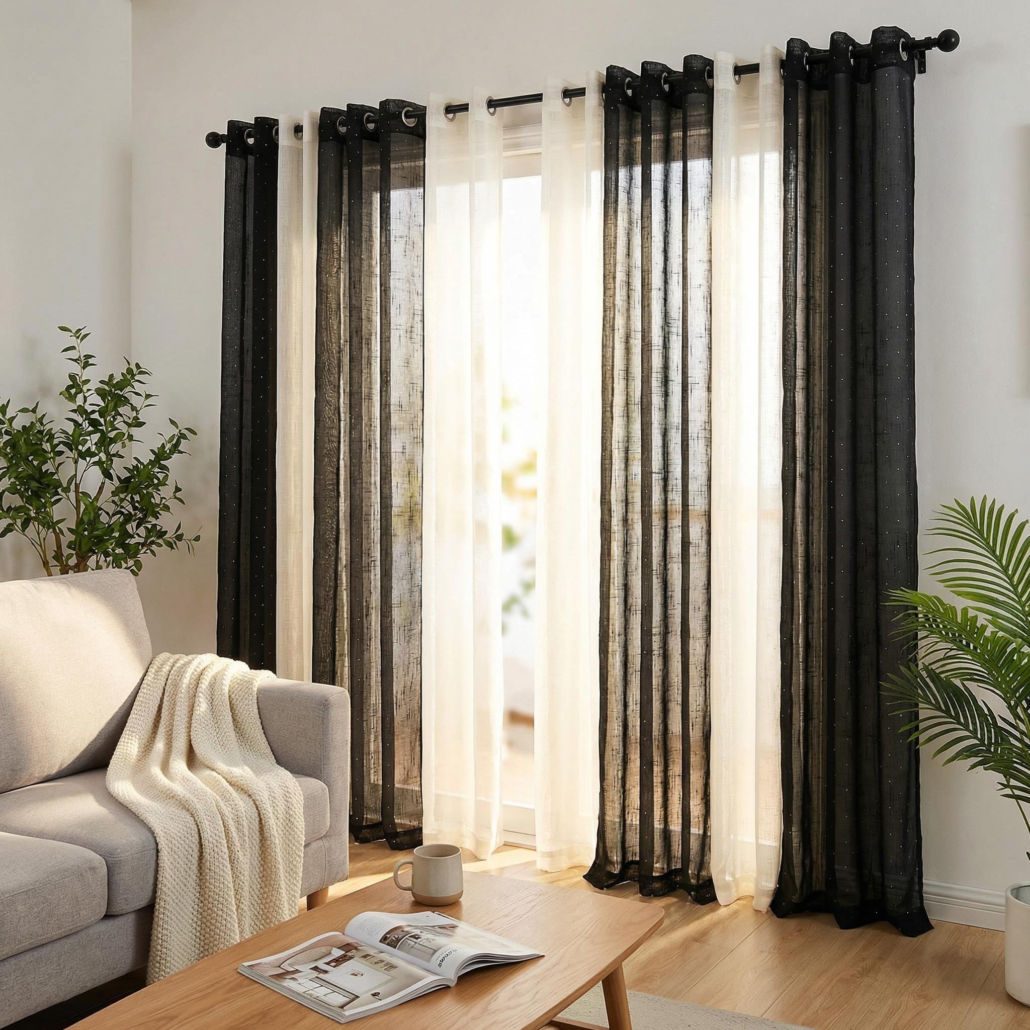 Curtain Club 8 Panels 34X84 Inch Diamond Beaded Twill + Full-Length Chiffon Curtain Set. Each style contains 4 pieces. All are plain chiffon fabric, translucent, with iron rings, woven, rod type, FT2930 + L12