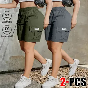 2-pack women’s summer fashion casual solid-color cargo shorts with drawstring waist and pockets, minimalist large patch pocket design; suitable for outdoor leisure, sports, and everyday stylish outfits—an ideal gift for a girlfriend Summervibes