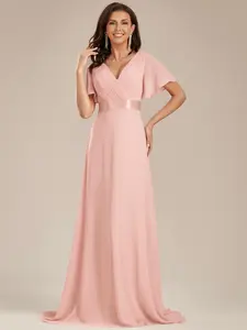Ever-Pretty 2026 Valentine dress Elegant Chiffon Maxi Gown with Deep V-Neck, Flutter Sleeves and Satin Waistband for Wedding Guest dress , Bridesmaid Maxi Dress with Short Flutter Sleeves 09890 Elegance Womenswear
