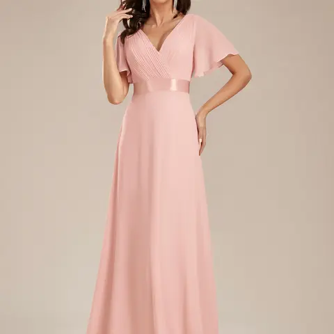Ever-Pretty 2026 Women's Elegant Polyester Chiffon Maxi Formal Dress - Deep V-Neck, Short Flutter Shortsleeve, Satin Waistband, Zipper, Minimalist Bridesmaid Wedding Guest Dress, Womens Dresses