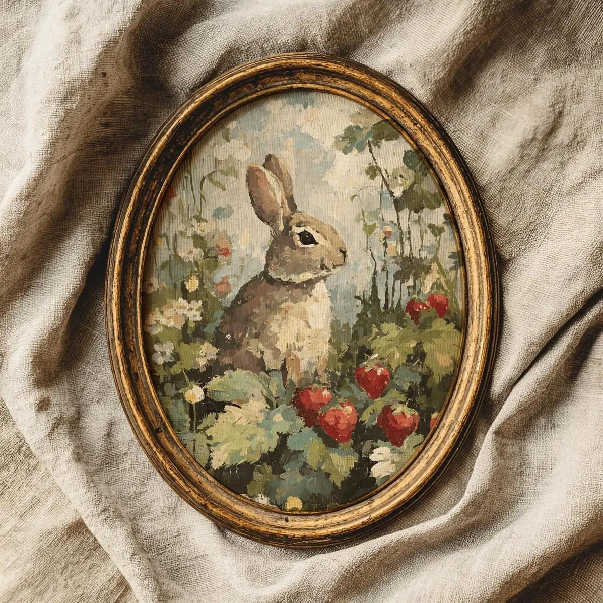 Spring rabbit art print, dark academia cottagecore woodland animal art, strawberry and bunny print, spring hosting decor, Ready to Go, No Effort Needed, Must-Have Basic, Always Handy