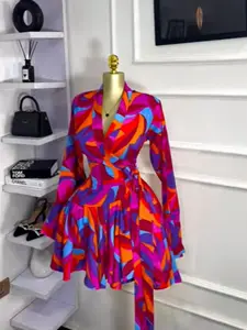 QFAF Women's Tie-Dye Print Flare Long Sleeve Wrap V-Neck Dress with Ruffle Hem, Elegant Vacation Party Birthday Gown, 2026 Fashion