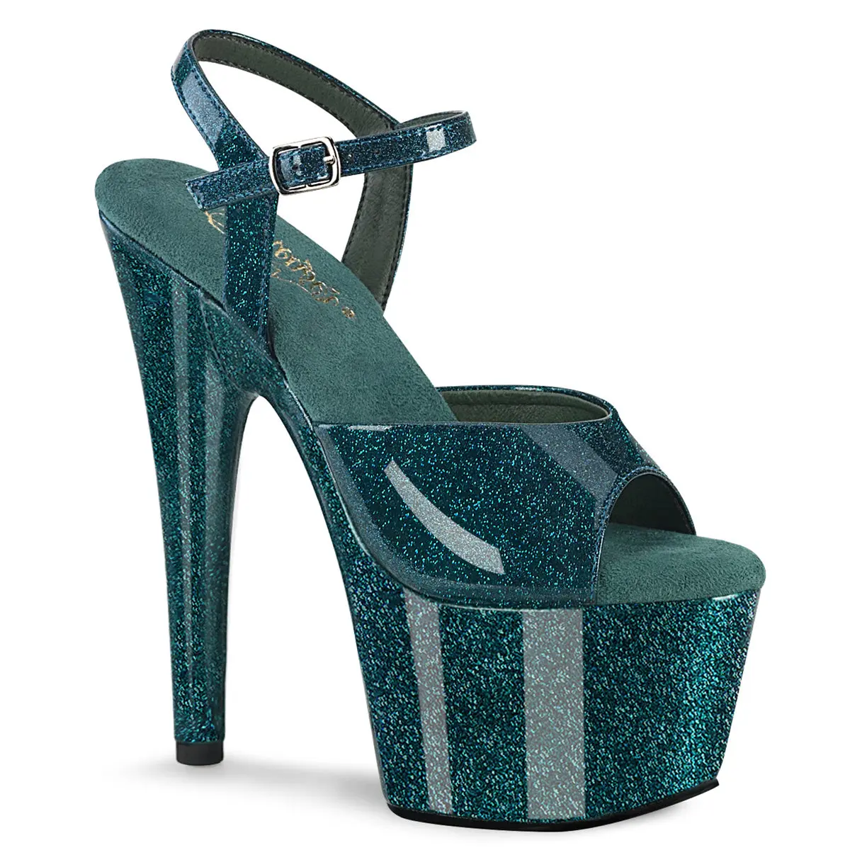 Women's Platform Sandals in Elegant Teal Glitter, Open Toe Ankle Strap Design with 7 Inch Heel & 2.75 Inch Platform for Stage & Pole Dance, Fashion Apparel, Women's Fashion, Party Wear, High Heel, Evening, Glamorous Heels