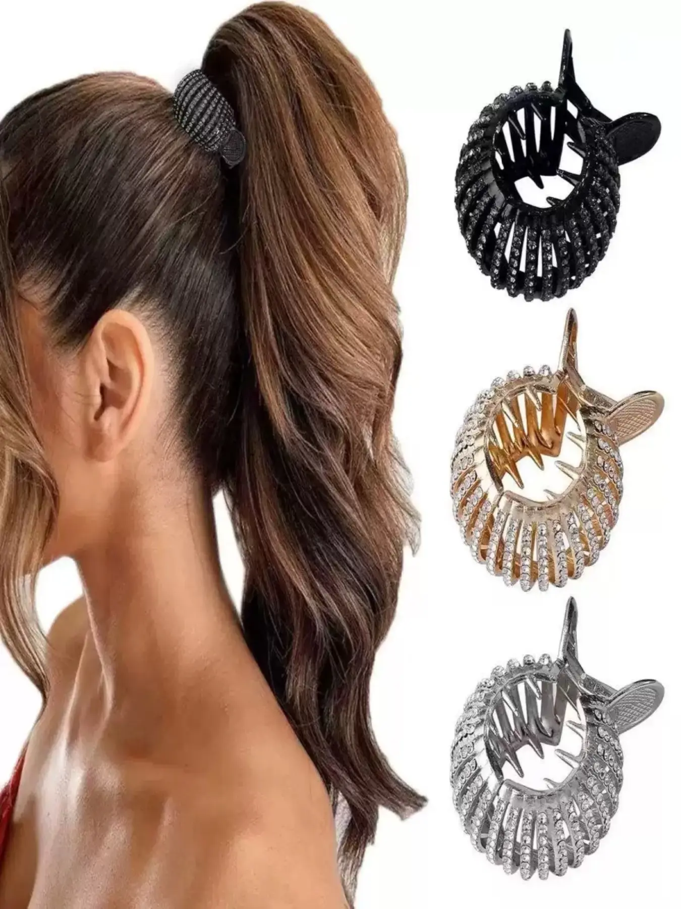 Elegant Rhinestone Curly Ponytail Clip for Women, Unique Round Design, Perfect for High Ponytails & Long Hair, Fashionable Ladies' Accessory, Curly Hair Accessories, Hair Clips