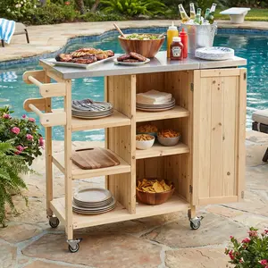 Foldable Outdoor Kitchen Island Patio Kitchen Island Outdoor Kitchen Cart Portable Prep Station with Lockable Wheels, Storage Cabinet and Towel Rack for Patio and Outdoor