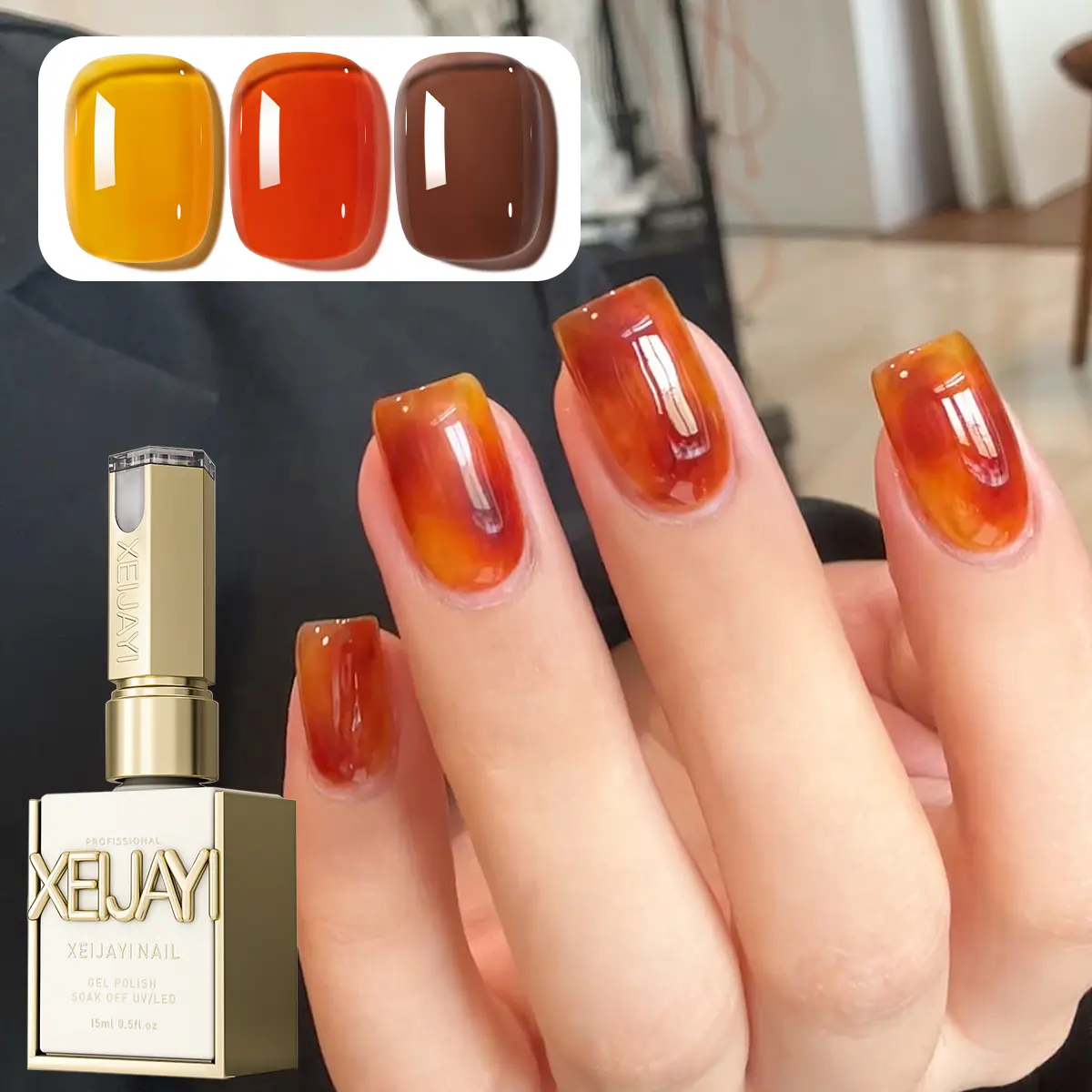 XEIJAYI 3PCS 15ml 【TPO & HEMA Free】 Amber Gel Nail Polish Set, 3-Color Ultra-Bright Shades for Gradient & Nail Art Designs, High-Saturation Glossy Finish, Soak-Off LED Gel for DIY Manicure, Nail Art Design & Salon Use