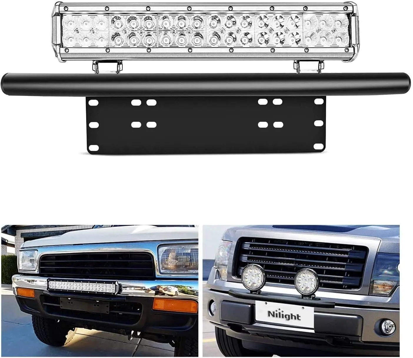 Nilight 90021B Sturdy Aluminum Alloy Drill-Free Multi-Hole Car Light Bar Mounting Bracket - Easy-Install, Corrosion-Resistant Front License Plate Frame Holder for Most Cars, 2-Year Warranty