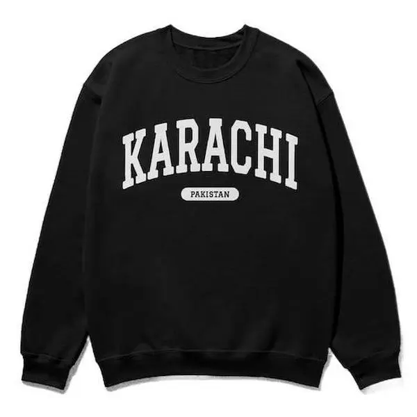 Men's Karachi Collegiate Crewneck Pullover Sweatshirt - Unisex, Long Sleeve, Round Neck, Casual Tops, Preppy Casual, Unisex Fit, Clothes, Slogan Print, Menswear, Cotton Blend