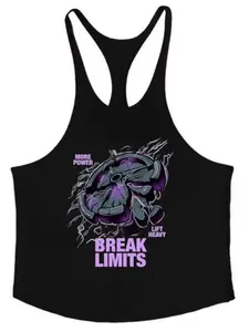 Men's Y-Strap Backless Vest, Breakthrough Limits Barbell Pattern, Gym Training Sleeveless Top, Loose-Fitting Workout Shirt