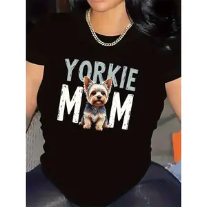 COD Women'S "Yorkie Mom" T-Shirt - Lightweight & Soft Polyester Tee with Yorkshire Terrier Graphic - Cute Dog Mom Apparel Gift for Yorkshire Terrier Owners - Everyday Casual Wear for Pet Lovers, Dog Mom Shirt, Comfortable Fit, Home Outfit, Playful Design,