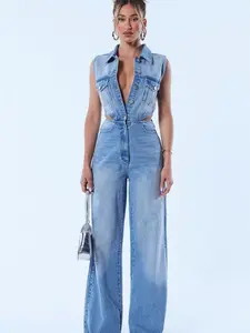 Baylin Denim Jumpsuit - Light Wash with Overalls and Rippers - Rompers Womenswear Casual