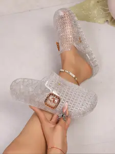 Transparent Rhinestone Buckle Jelly Slippers for Women, Summer Outdoor Thick Sole Anti-Slip Sandals, Versatile Casual Cool Slip-Ons, Slide, Pu Leather Slides, Shoe, Footwear