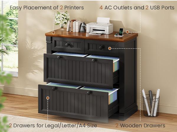 SEDETA 33 Inch 4 Drawers File Cabinet Farmhouse Filing Cabinets for Home Office fit Legal/Letter/A4 File Wood Office File Cabinet with Power Outlets Printer Stand with Storage