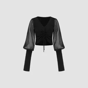 Cider [size 2-10] V-neck Drawstring Mesh Sleeve Patchy Crop Knitted Crop Top SummerWins Dealsforyou