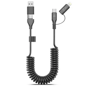 Coiled USB-C and Lightning Cable 2-in-1, 3FT iPhone 15 16 Car Charger Cord, 60W Fast Charging Cable for iPhone 16, Samsung Galaxy Supports Apple CarPlay & Android Auto (Black)