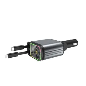 The latest 66W fast charging car charger in 2025, Type-C interface & 4 in 1 USB interface & IOS interface Built-in starry sky light atmosphere light 180 degree adjustment angle Adapt to all car models Adapt to multiple mobile phone charging