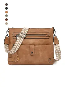 Vintage PU Crossbody Bag, Wide Strap Fringe Design, Large Capacity Shoulder Bag, Casual All-Season Tote, Multi-Layer Anti-Theft, Adjustable Strap