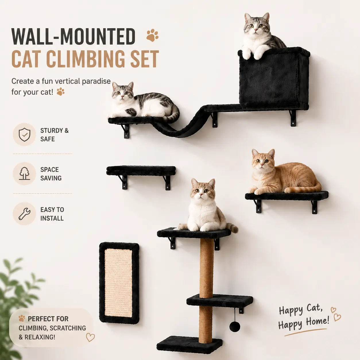 5-in-1 Wall Mounted Cat Climber Shelves with Steps Condo Scratch Pad Scratching Post Space Saving Indoor Cat Furniture for Large Cats Cat Playground for Climbing Resting