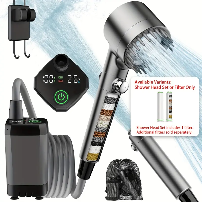 Portable Shower Head with 18-Stage Filtration, Upgraded Rechargeable 6000mAh Electric Pump, Smart Digital Display, Portable Showers for Camping, Hiking, Portable Shower Showers