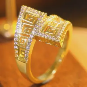 Greek Key Pattern Sparkling Gold Tone Square Ring Full Pavé Cubic  Statement Jewelry Daily Casual Party Date Night Outfit Promise Anniversary Gift For Him Her Men Women Christmas New Year Valentine