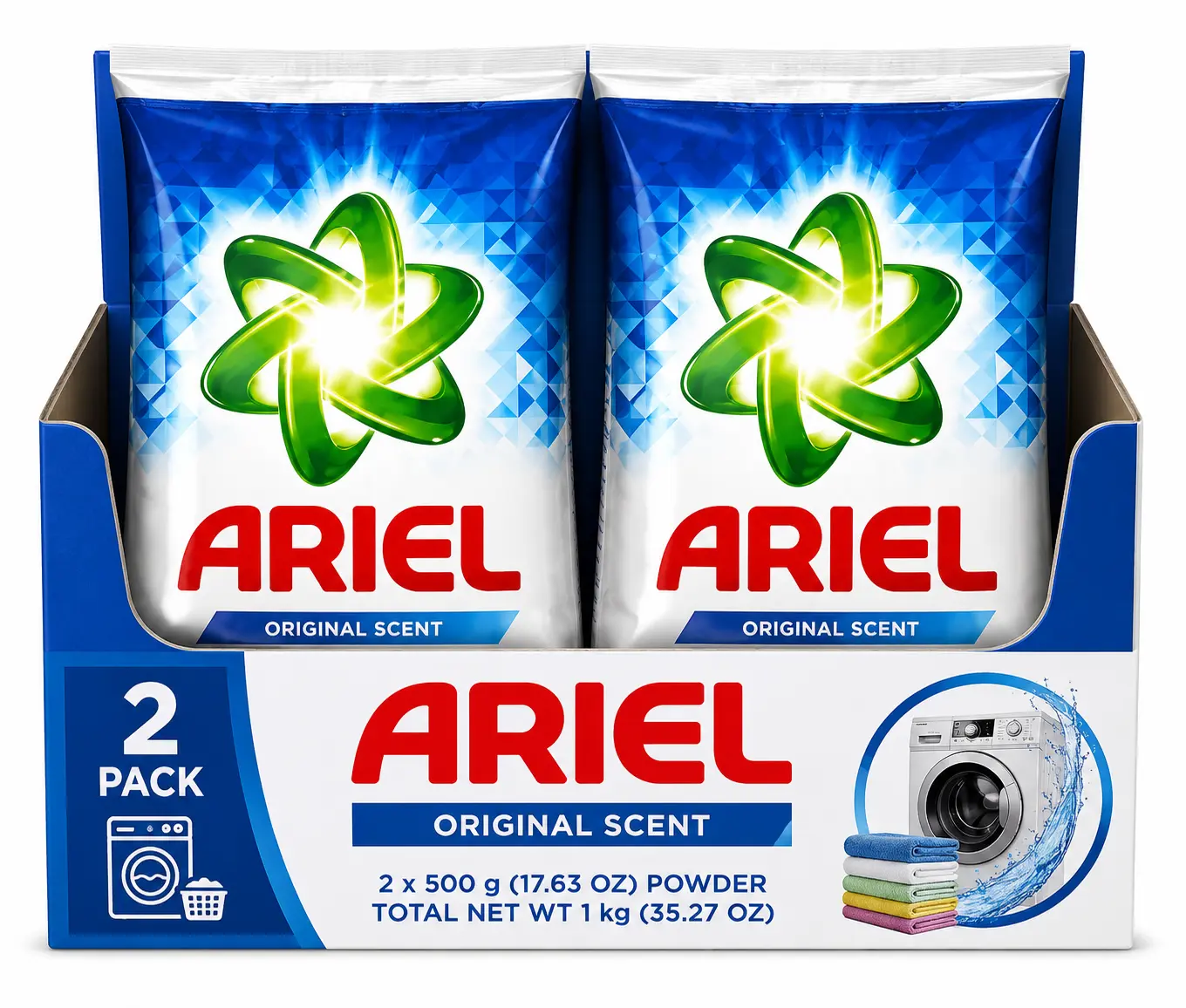 Ariel Original Scent Powder Laundry Detergent, 2 Pack (2 × 500 g), Total 1 kg (35.27 oz), Deep Cleaning Laundry Powder