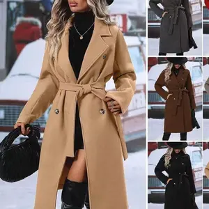 Plus Size Wool Dress Coat with Belt Double Breasted Pea Coats Mid-Long Trench Coat # TikTokShopBacktoSchool Outerwear Womenswear Fitted Basic Khaki Minimalist Tops Jackets