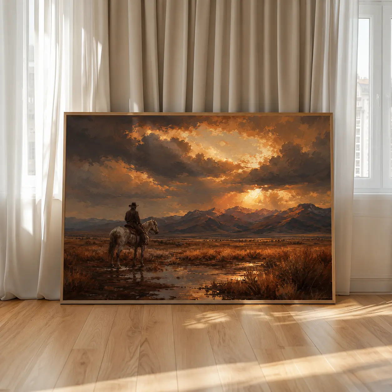Western Cowboy Sunset Print, Vintage Ranch Landscape Wall Art, Lone Rider Horse Decor, Southwestern Poster No Frame