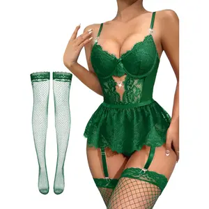 Lilosy Women Lingerie Set - Rhinestone Heart Garter Babydoll, Underwire Floral Mesh Lace, Sheer Teddy Bodysuit with Skirt for Seductive Nights