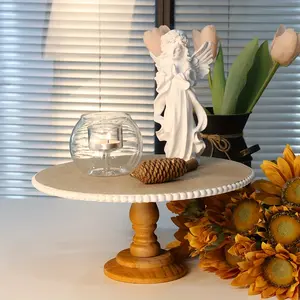 Rustic Round Wood Tray Riser Farmhouse decorative plates Stand with Beaded Edge for Decor Wooden Decorative Items 12 inches