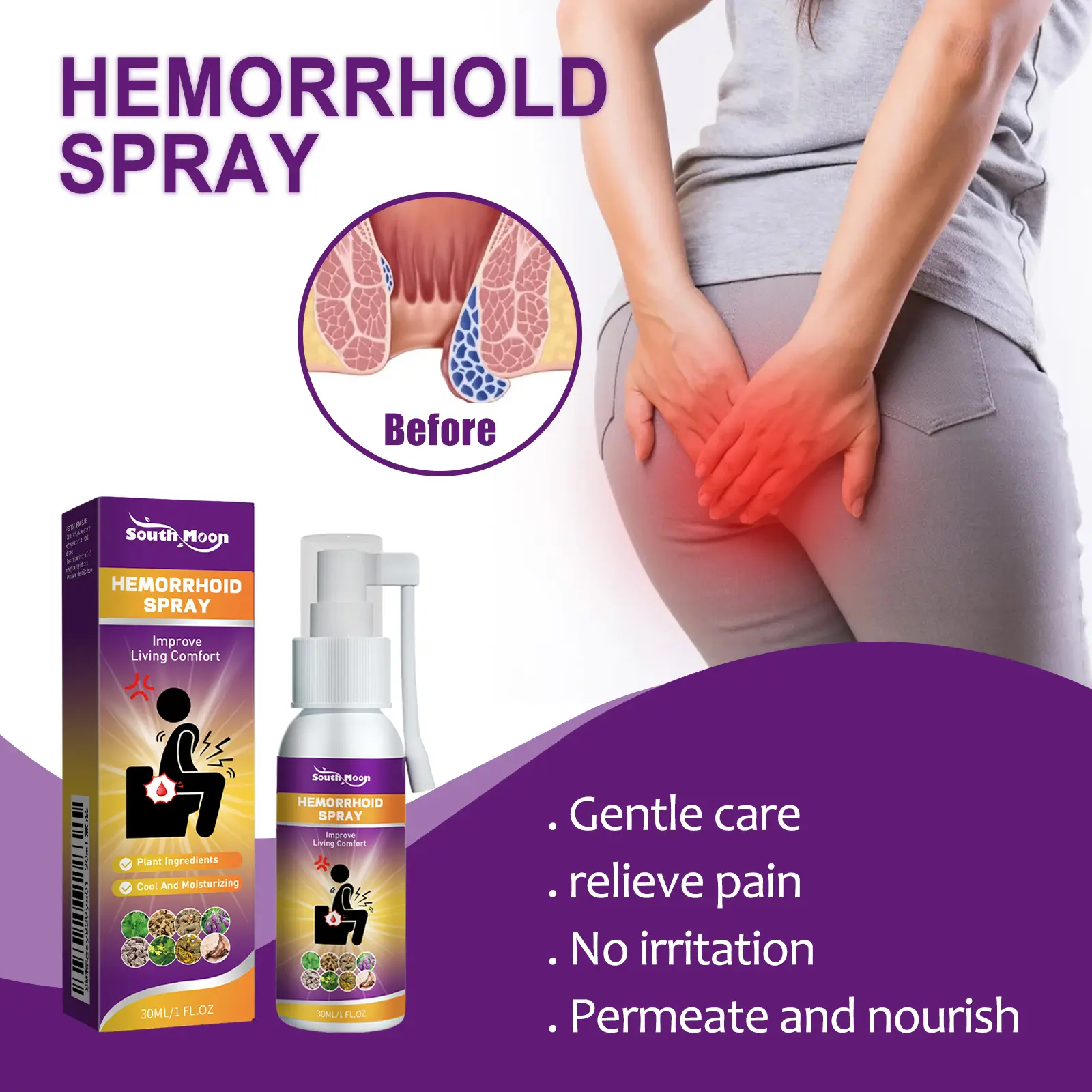 South Moon Hemorrhoid Spray for Men Gentle Daily Skin Soothe Massage Spray with 1 2 Hexanediol & Ophiopogon Extract to Relieve Pain and Itching