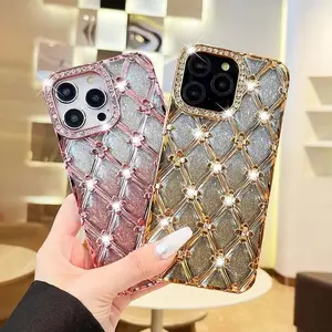 Glitter Plating Diamond Rhombus Clear Case for IPhone1716 15 Pro Max 14 13 12  Bling Rhinestones Soft Silicone Shockproof Cover