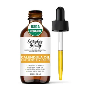 Organic Calendula Oil For Sensitive Skin - USDA Certified Natural Plant Based, Lightweight & Unscented Gentle Soothing Oil For Sensitive Skin - For Face, Skin & All Over - 1 Fl Oz Glass & Dropper