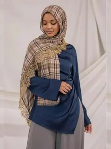 Fashion Plaid Print Lace Edge Women's Scarf, Outdoor Breathable Headscarf Shawl, Daily Wear Fashion Accessory, Birthday Gift