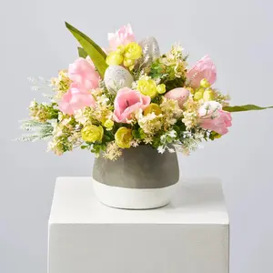 Spring is Here - Pink Tulip, Yellow Ranunculus, White Lavender with Pink & Blue Speckled Eggs Easter Centerpiece Table Arrangement
