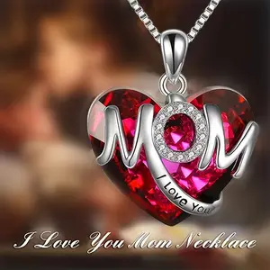 Elegant 'MOM' Heart-Shaped Cubic Zirconia Alloy Pendant Necklace - Delicate Dainty Jewelry Gift for Mother's Day, Birthday, Anniversary & Everyday Wear