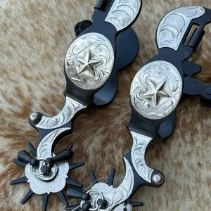 Pair Men’s Size Black Steel Western Jingle Bob Spurs Engraved Silver Accents