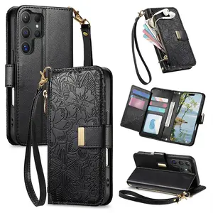 Samsung Galaxy S26/s25/s24/s23 Wallet Case, Retro Floral Texture, Flip Cover Stand, Zipper Card Holder, Detachable Wrist Strap, Portable Protection, Vintage