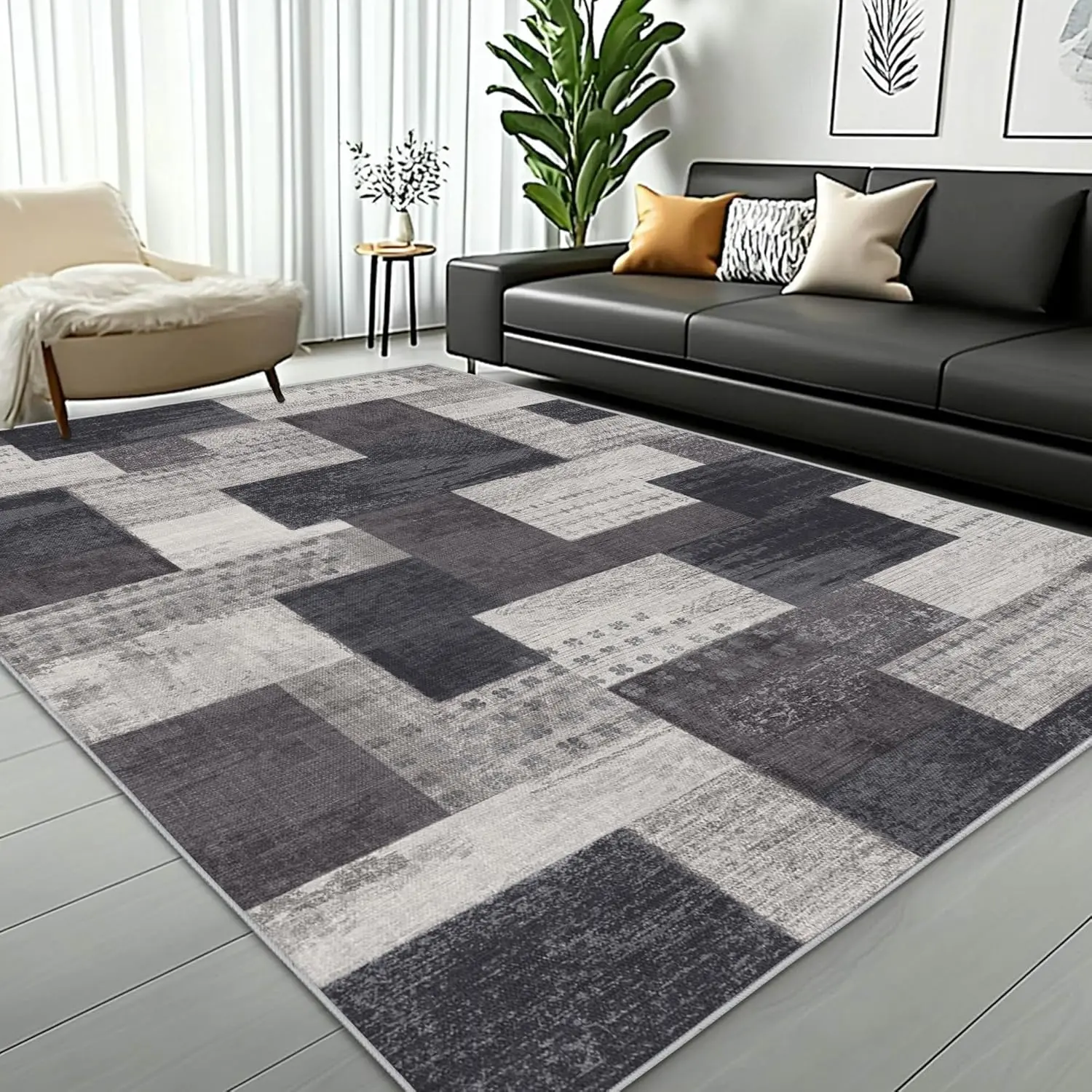 【Back to School】【Dorm Essentials】EIKIONE Retro Square Geometric Rug Machine Washable Non-Toxic Soft Anti-Slip Sizes 4x6-8x10 for Bedroom Living Room Nook Waterproof Stain-Resistant Easy Clean Vintage Solid Craftsmanship US Fast Shipping After-Sales