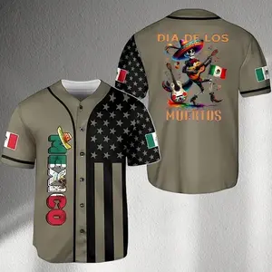 Dia los Muertos Mexico Baseball Jersey, Mariachi Skeleton Ethnic Totem Full-Print Design, Khaki Black Flag Button Up Unisex Streetwear, Ideal Gift for Sports Lovers # TikTokMadeMeBuyIt # Day of the Dead # MexicoJersey # SkeletonGraphic