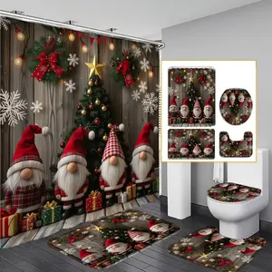 1PC/4PCS 2D Flat Merry Christmas Red and Gold Christmas Tree with Gnomes Patterned shower curtain, home bathroom decor, shower curtain set with 12 hooks, non-slip bathroom rug, U-shaped toilet seat cover, toilet seat mat, Bathroom Decoration Accessories