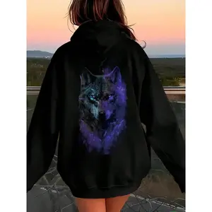 Purple Flame Wolf Graphic Hoodie for Women - Edgy Style Hoodie, Sizes S-3XL, Perfect for Wolf and Art Enthusiasts, Everyday Wear, Soft Fabric Casual Fashion
