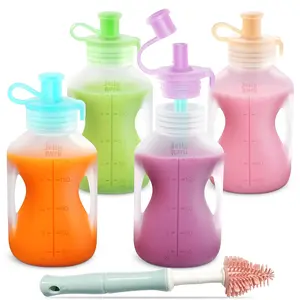Silicone Reusable Baby Food Pouches 6 Pack with Straws Leakproof Refillable Squeeze Pouch Dishwasher Freezer Microwave Safe 5OZ for Homemade Puree Yogurt Storage