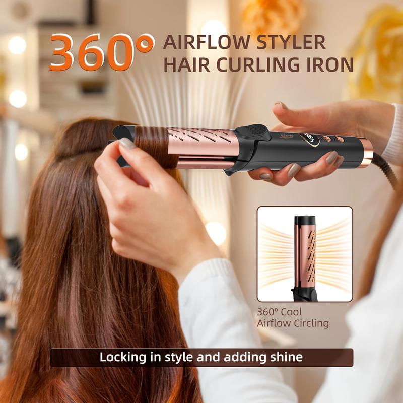 Airflow Styler Curling Iron - Ceramic Flat Iron Hair Straightener and Curler 2 in 1, Professional Curing Wand with 360° Ionic Cool Air, 5 Adjustable Temps & Dual Voltage for Long Short Hair