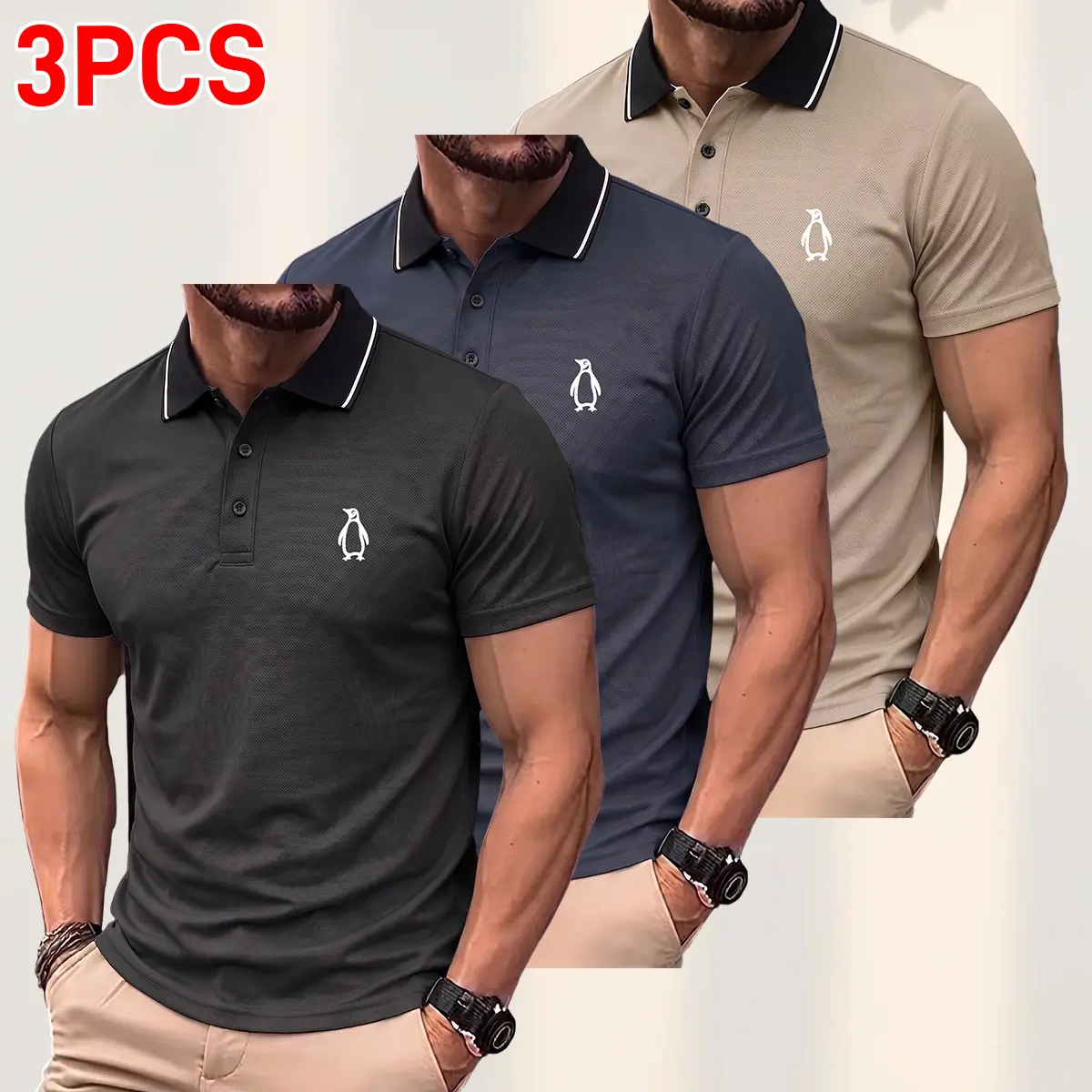 Men's Casual Polo Shirts 3-Pack, Short-Sleeve Regular Fit Tops with Penguin Embroidery, Breathable Piqué Polyester for Everyday Wear, Shortsleeve, Menswear