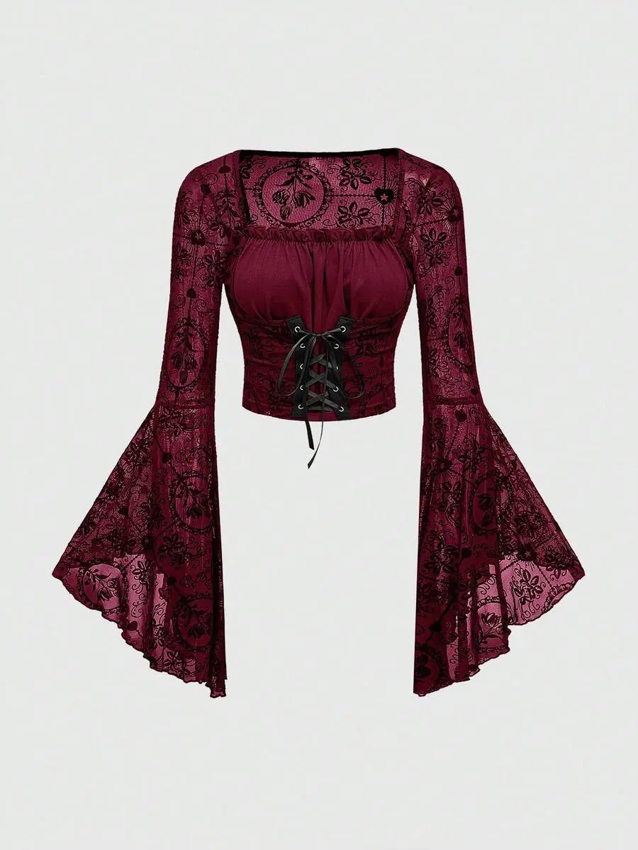 Spring Valentine's Day Flower Red Gothic Palace Style Halloween Party Flocked Cross Floral Mesh Patchwork Lace-Up Waist Women Blouse