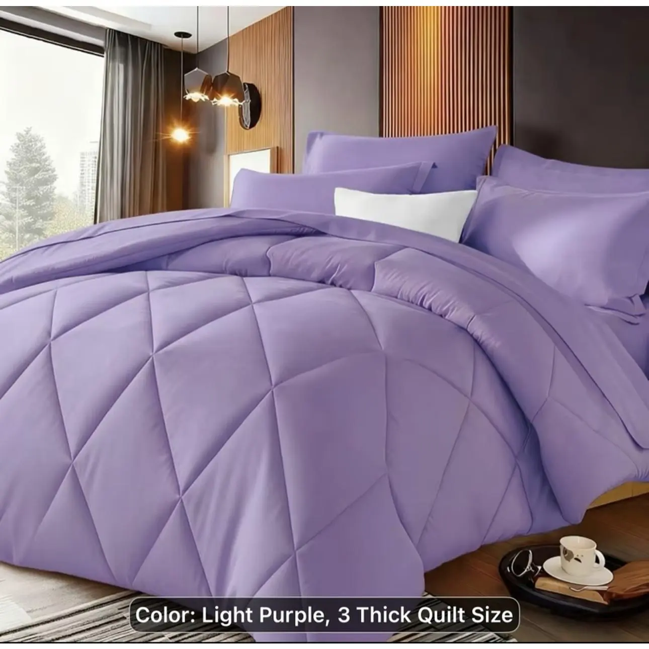 Light Purple 3 Thick Quilt Set - Solid Color Diamond Pattern Large & Extra-Large Comforter Soft Ultra-fine Fiber Filled Lightweight Breathable Quilt with Pillowcases