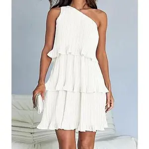 One-shoulder pleated layered sleeveless dress