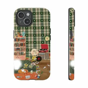 Charlie Brown Cozy Room Phone Case, Record Player, Bookshelf & Woodstock Collage, aesthetic gift for free play now, iPhone 17 16 15 14 13 12 Pro Max GRZ