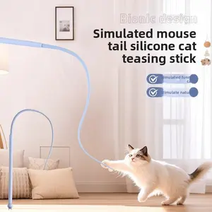 Silicone Cat Teaser Wand with Replaceable Mouse Tail, Interactive Simulation Pet Toy for Cats